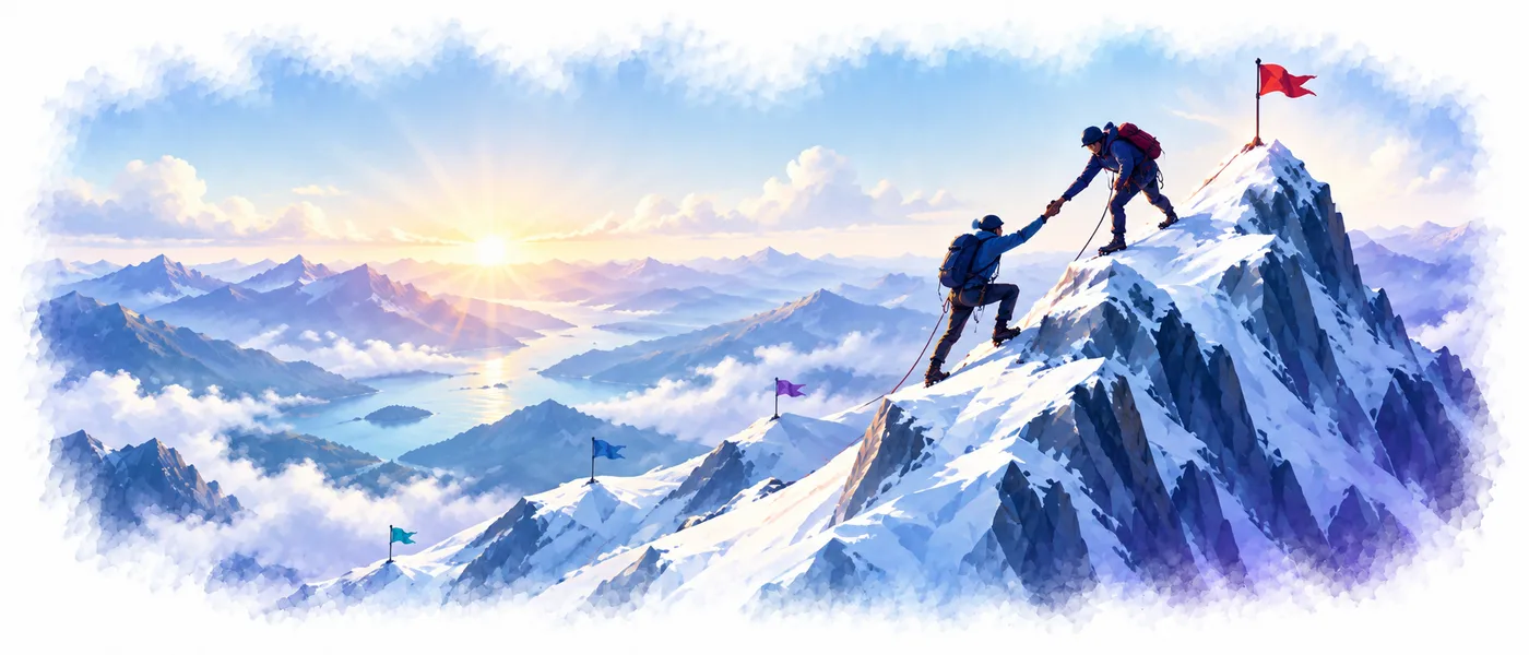 Two roped climbers near a summit: one reaches down and pulls the other up the last step, flags in four colours mark the route below